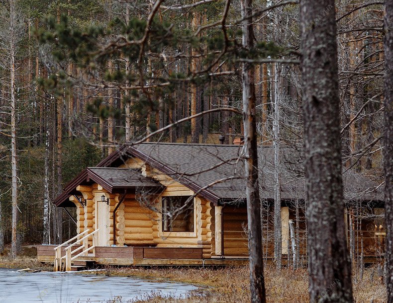 Баня Баня на Лампушке, в Санкт-Петербурге, Ленинградская обл., Приозерский р-н, 3 км от дер. Раздолье, база отдыха «Шишки на Лампушке» | Баня на Лампушке — вид с берега озера | 1001sauna.com